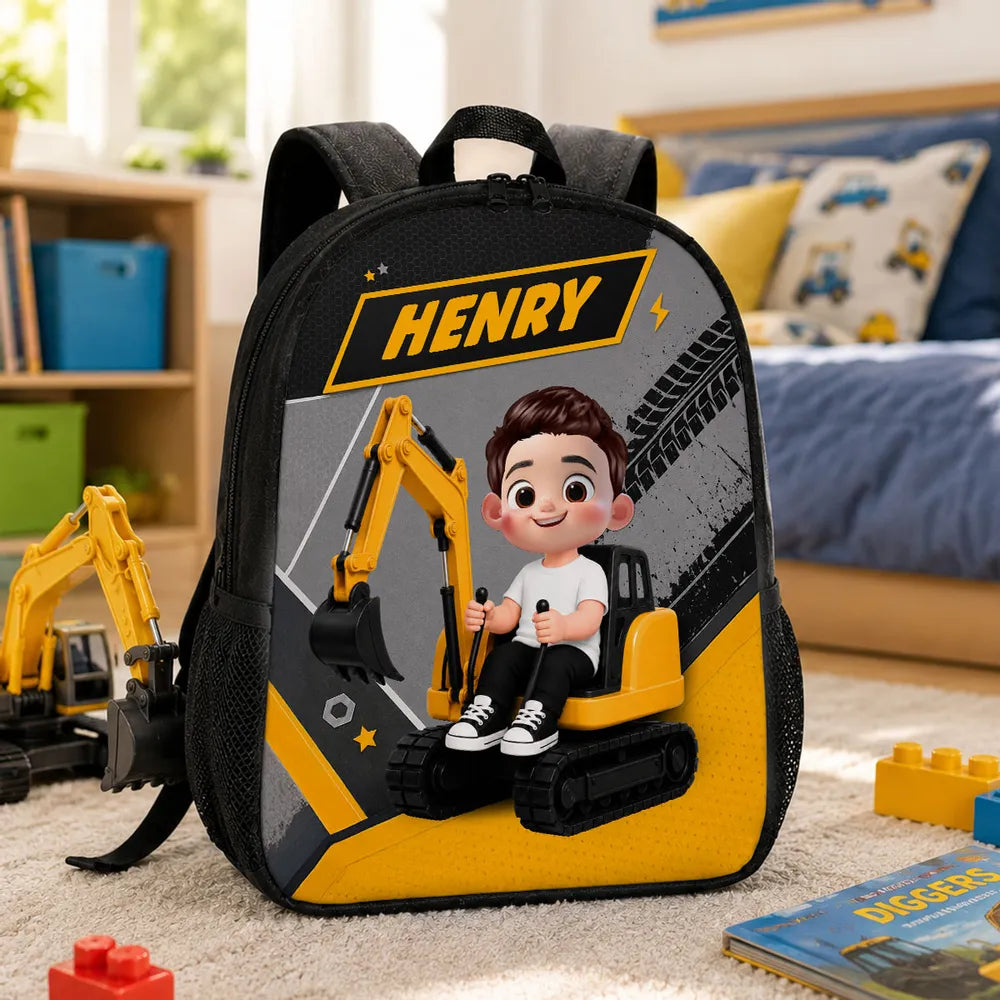 Personalized Kids School Backpack, Cute Excavator Ride Design, Unique Gift for Kids & Grandkids