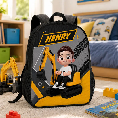 Personalized Kids School Backpack, Cute Excavator Ride Design, Unique Gift for Kids & Grandkids