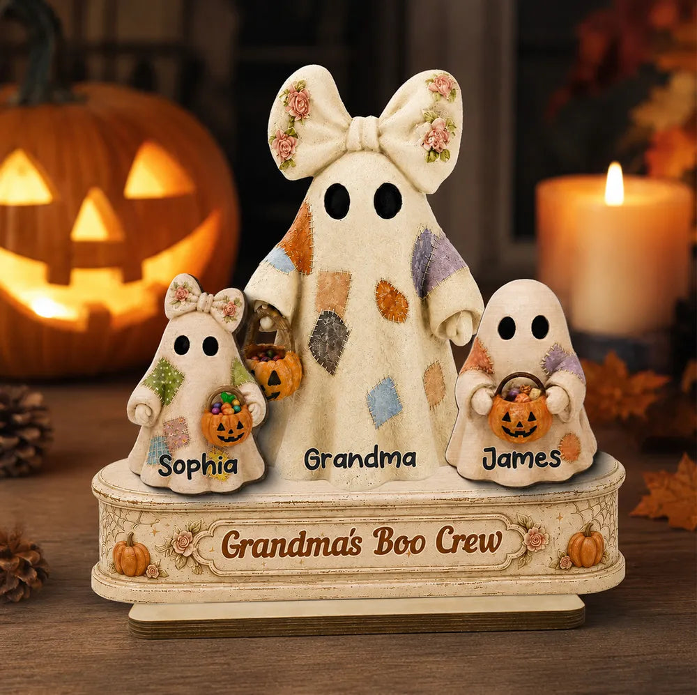Personalized Acrylic Light Box, Patchwork Ghosts with Pumpkin Pails, Unique Halloween Gift for Grandma