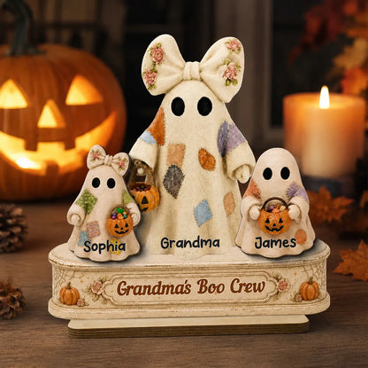 Personalized Acrylic Light Box, Patchwork Ghosts with Pumpkin Pails, Unique Halloween Gift for Grandma