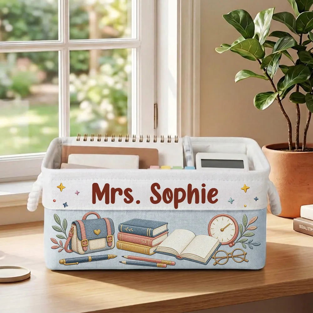 Personalized Rope Basket for Teacher, Soft Pink Book Desk Storage with School Illustration, Unique Gift