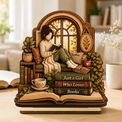 Personalized Wooden Plaque for Book Lover, Girl Reading in Cozy Window Nook, Unique Creative Gift