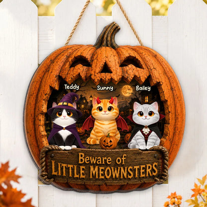 Personalized Halloween Wooden Sign with Costumed Cats, Moonlit Pumpkin Decor, Unique Gift for Cat Lovers