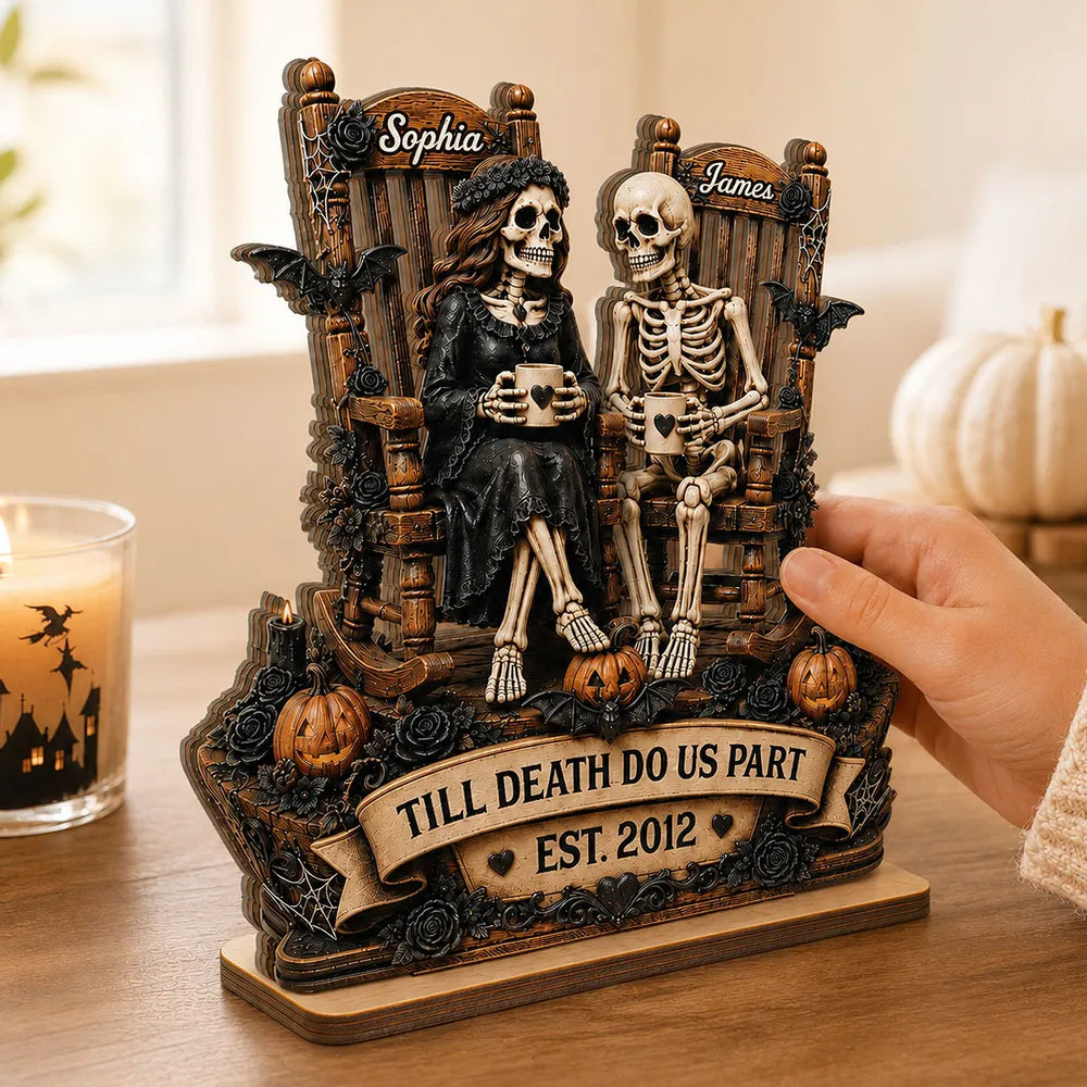 Personalized 2-Layer Wooden Plaque, Sitting Skeleton Couple Halloween Decor, Unique Creative Gift for Couples