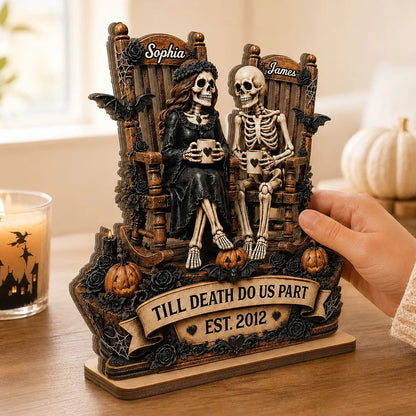 Personalized 2-Layer Wooden Plaque, Sitting Skeleton Couple Halloween Decor, Unique Creative Gift for Couples