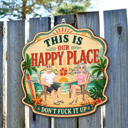Personalized Wooden Sign With Tropical Happy Place Beach Lounge Scene, Unique Creative Gift for Couple