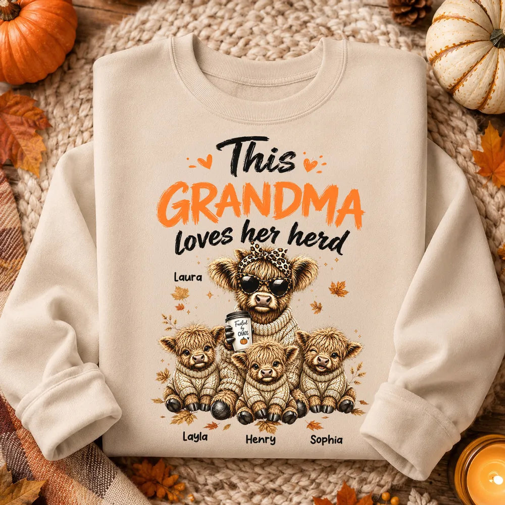 Personalized Classic Tee, Grandma Herd Highland Cow Fall Design, Unique Gift for Grandma