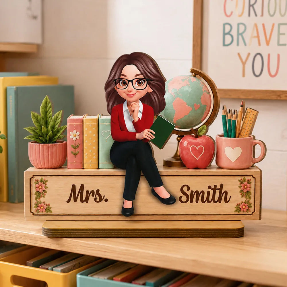 Personalized Wooden Plaque with Sitting Teacher, Books & Globe, Unique Gift for Teacher Desk Display