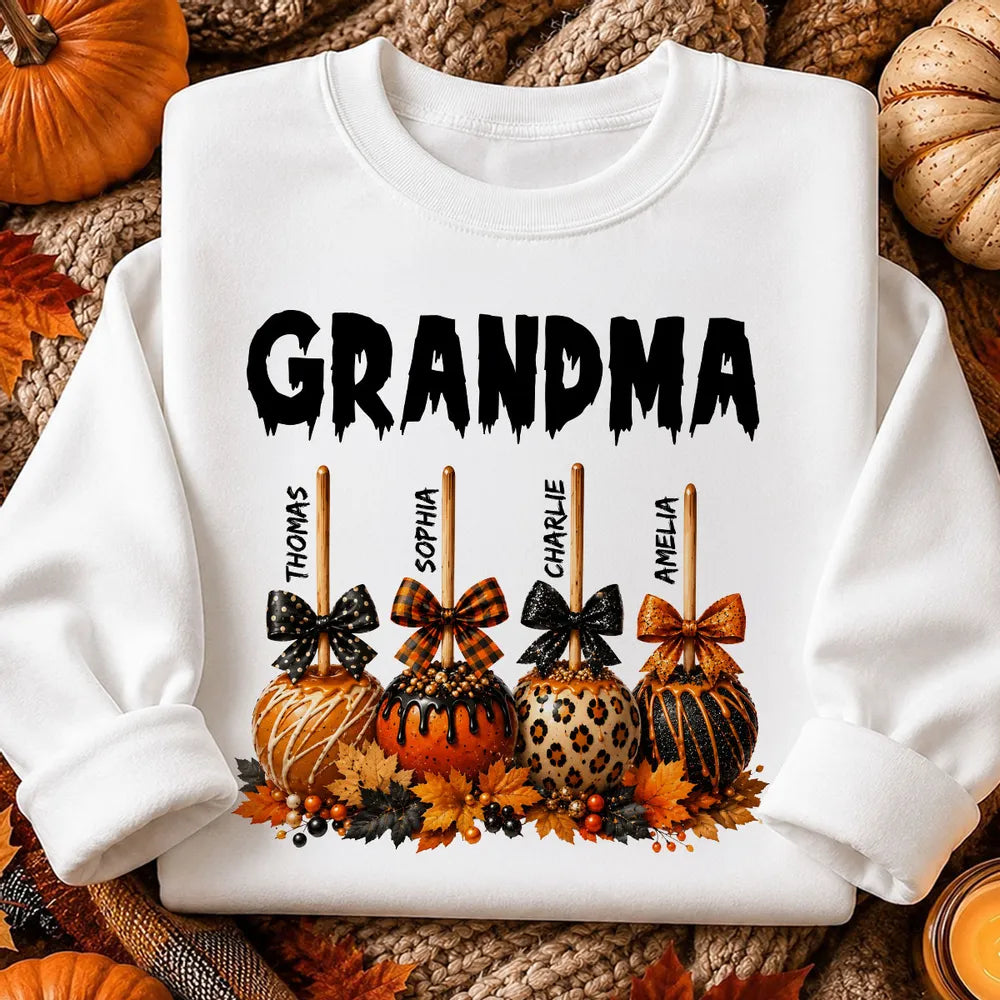 Personalized Grandma Classic Tee, Halloween Caramel Apple Design, Unique Gift for Grandma