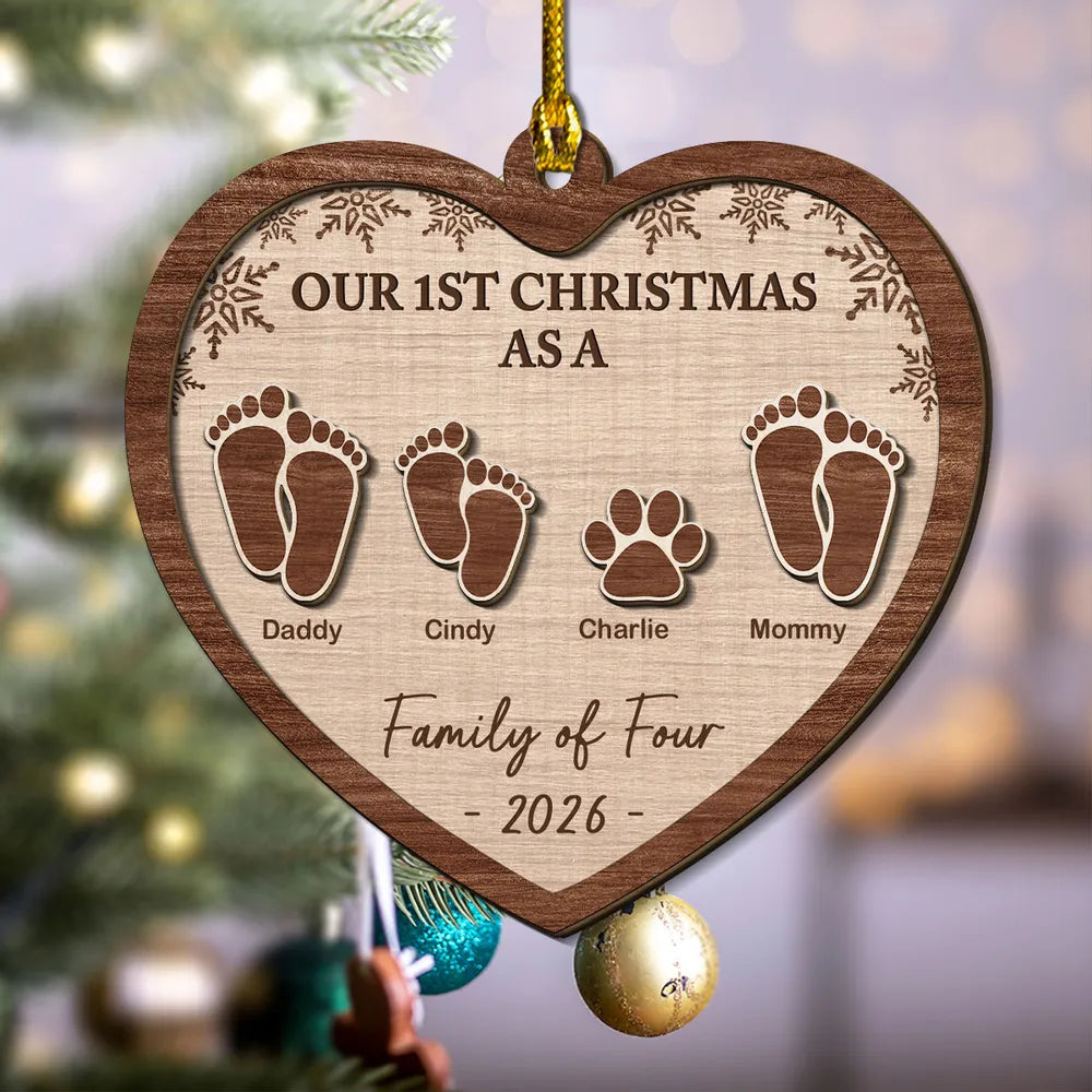 Personalized Wooden Ornament, Our First Christmas Family Footprint Design, Unique Gift for New Parents