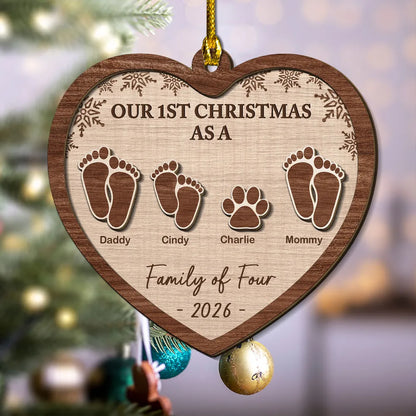 Personalized Wooden Ornament, Our First Christmas Family Footprint Design, Unique Gift for New Parents