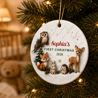 Ceramic Ornament, Personalized First Christmas Woodland Animals, Unique Gift for Baby & Family