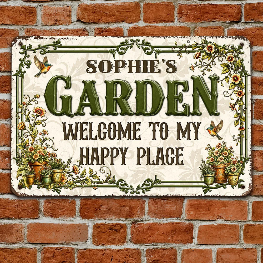 Personalized Rectangular Iron Sign, Vintage Garden Welcome Decor with Hummingbirds, Unique Gift for Garden Lover