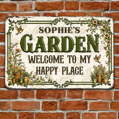 Personalized Rectangular Iron Sign, Vintage Garden Welcome Decor with Hummingbirds, Unique Gift for Garden Lover