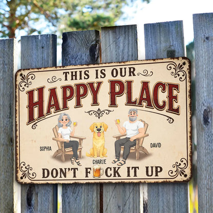 Personalized Rectangular Iron Sign With Seated Couple & Dog, Vintage Happy Place Unique Gift