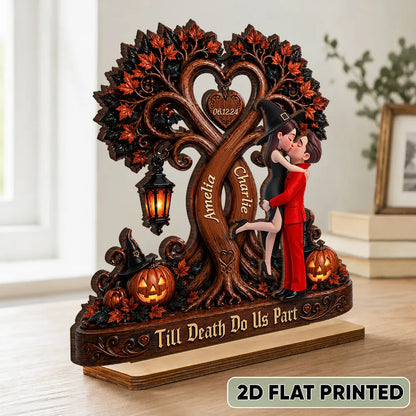 Personalized 2-Layer Wooden Plaque, Kissing Couple Under Halloween Tree, Unique Gift for Couple