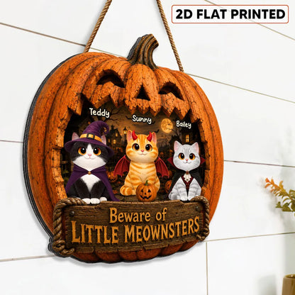 Personalized Halloween Wooden Sign with Costumed Cats, Moonlit Pumpkin Decor, Unique Gift for Cat Lovers