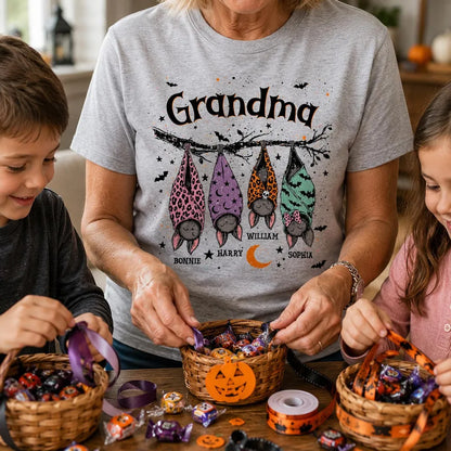 Personalized Classic Tee with Cute Bats Hanging from a Branch, Creative Halloween Gift for Grandma