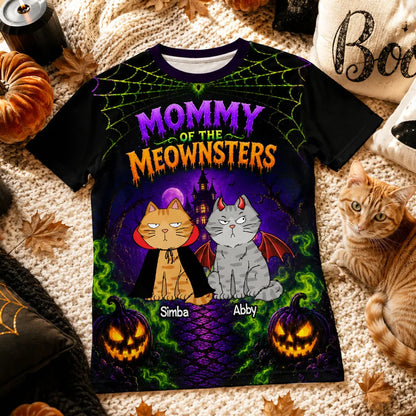 Personalized Printed Classic Tee, Purple Spooky Cats & Haunted House, Unique Gift for Cat Lovers