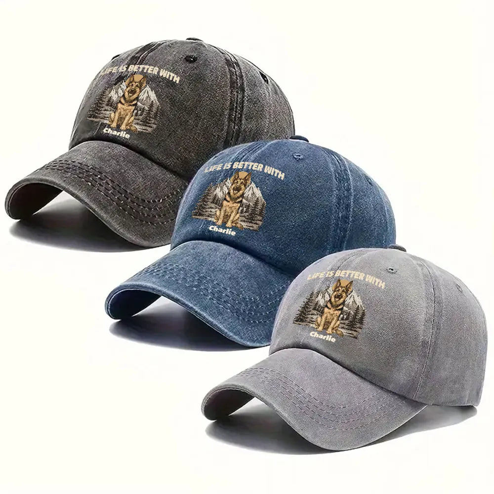 Personalized Washed Denim Baseball Cap, Mountain Dog Illustration, Unique Gift for Dog Lovers