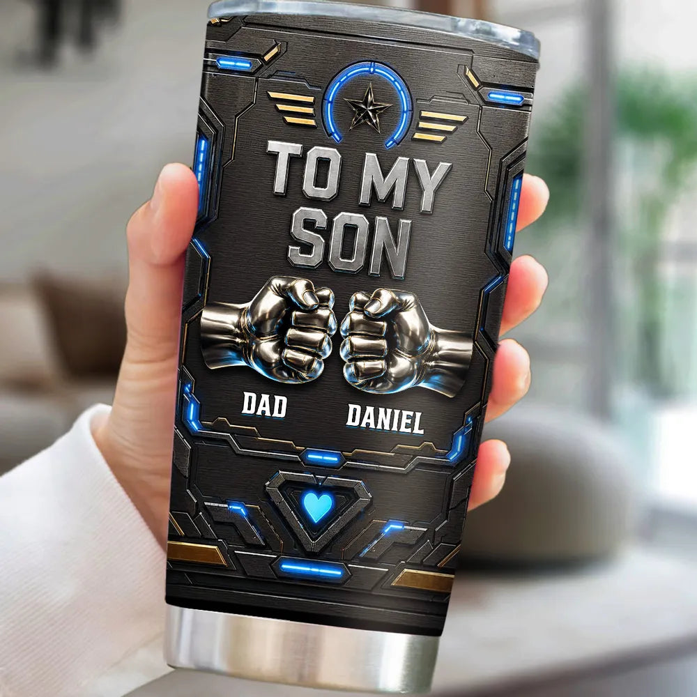 Personalized Insulated Travel Tumbler for Son, Dad Quote with Blue Neon Fists, Unique Creative Gift