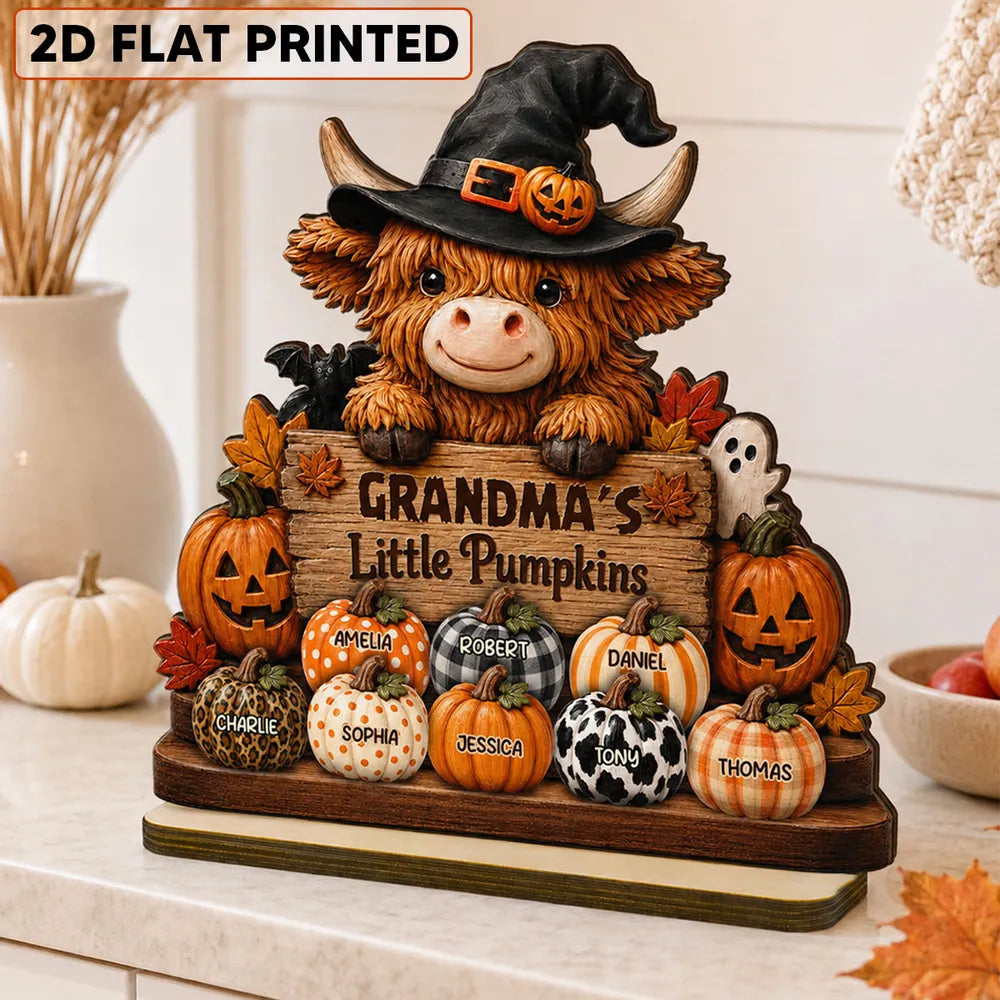 Personalized Highland Cow 2-Layer Wooden Plaque, Grandma's Little Pumpkins Fall Decor, Unique Gift for Grandma