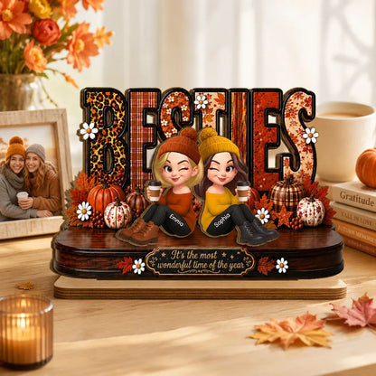 Personalized 2-Layer Wooden Plaque, Sitting Besties with Coffee, Unique Fall Gift for Close Friend