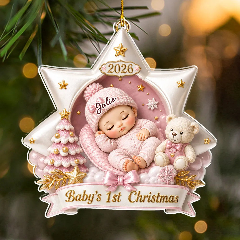 Personalized Acrylic Ornament, Sleeping Baby and Teddy Bear in Soft Pastels, Unique First Christmas Gift for New Parents