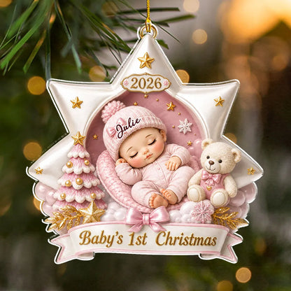 Personalized Acrylic Ornament, Sleeping Baby and Teddy Bear in Soft Pastels, Unique First Christmas Gift for New Parents