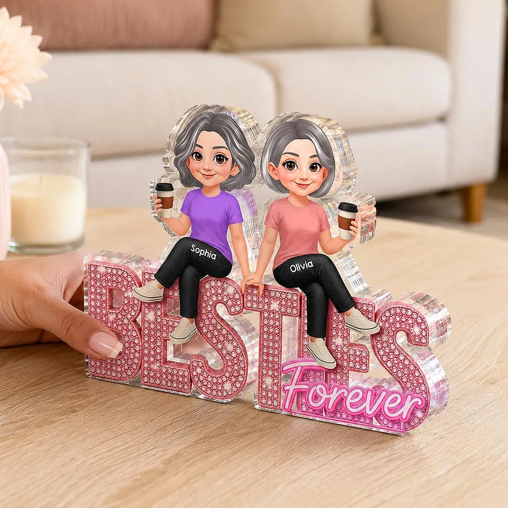 Personalized Shaped Acrylic Block Plaque, Friends Sharing Coffee, Pink Besties Forever, Unique Gift for Best Friend
