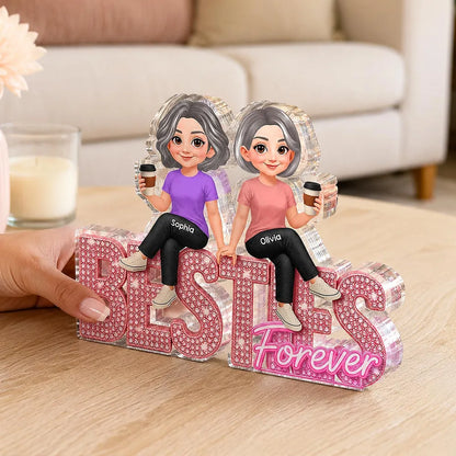 Personalized Shaped Acrylic Block Plaque, Friends Sharing Coffee, Pink Besties Forever, Unique Gift for Best Friend