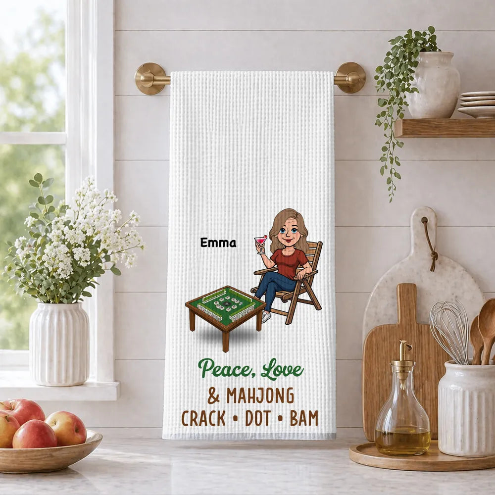 Personalized Kitchen Towel with Mahjong Friends Playing, Unique Gift for Game Night Decor