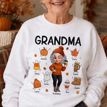 Personalized Classic Tee with Coffee-Holding Grandma and Grandkid Fall Doodles, Unique Autumn Gift for Grandma