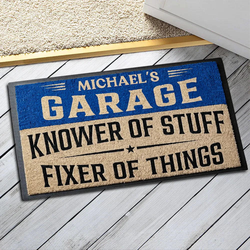 Standard Doormat, Personalized Garage Knower of Stuff Design, Rustic Entry Decor, Unique Creative Gift