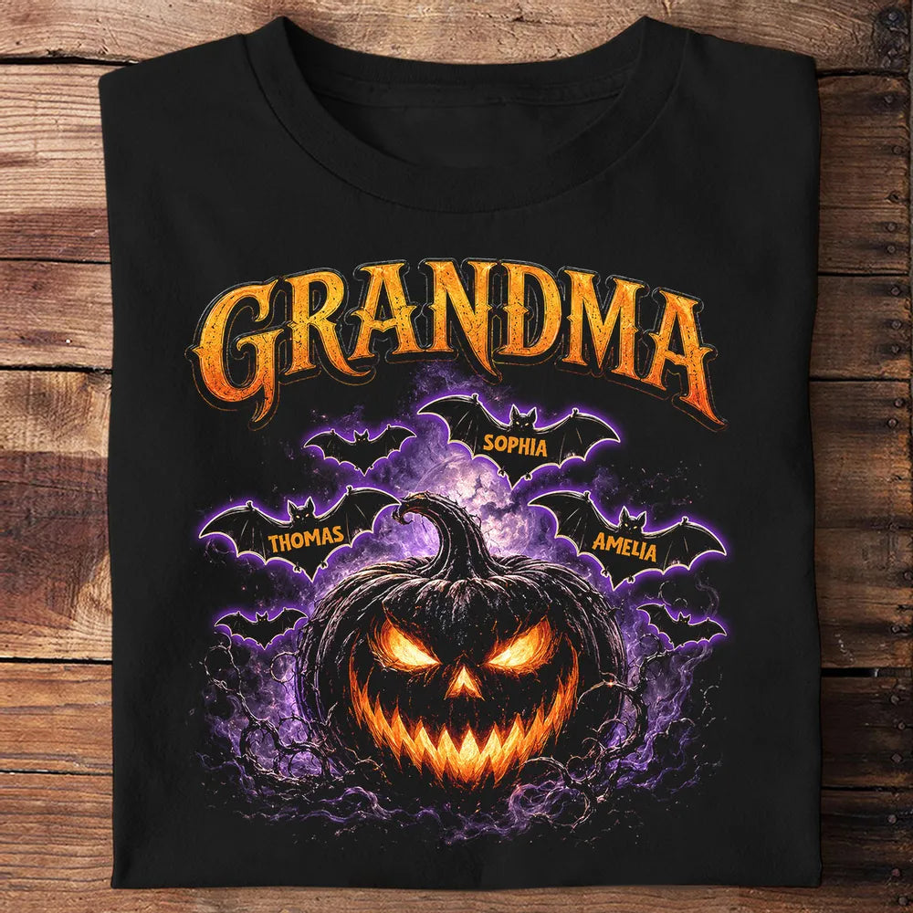 Personalized Grandma Classic Tee with Orange Jack O Lantern and Bats, Unique Halloween Gift
