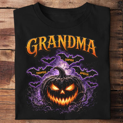 Personalized Grandma Classic Tee with Orange Jack O Lantern and Bats, Unique Halloween Gift