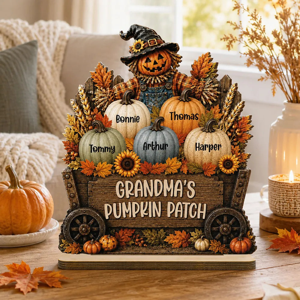 Personalized Wooden Plaque with Grandma's Pumpkin Patch Scarecrow, Rustic Fall Decor, Unique Gift for Grandma