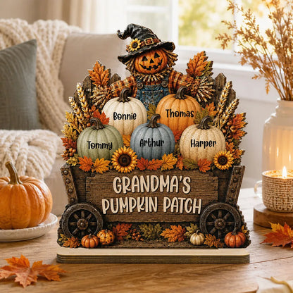 Personalized Wooden Plaque with Grandma's Pumpkin Patch Scarecrow, Rustic Fall Decor, Unique Gift for Grandma