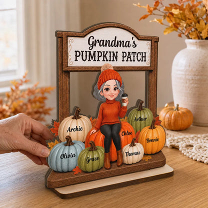 Personalized Grandma's Pumpkin Patch Wooden Plaque, Cartoon Grandma With Coffee, Unique Gift for Grandma