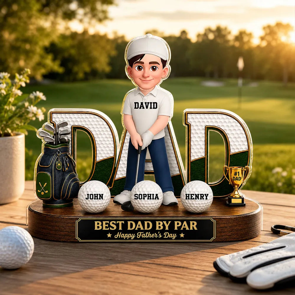 Personalized Golf Dad Plaque with Cartoon Golfer on Sunlit Course, Creative Gift for Husband & Golf Lovers