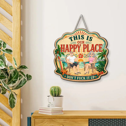 Personalized Wooden Sign With Tropical Happy Place Beach Lounge Scene, Unique Creative Gift for Couple