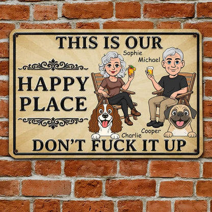 Personalized Rectangular Iron Sign, Rustic Beige Cartoon of a Couple Sitting with Dogs, Unique Gift for Dog Lovers
