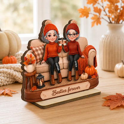 Personalized 2-Layer Wooden Plaque, Coffee Friends on Sofa, Unique Creative Gift for Close Friend