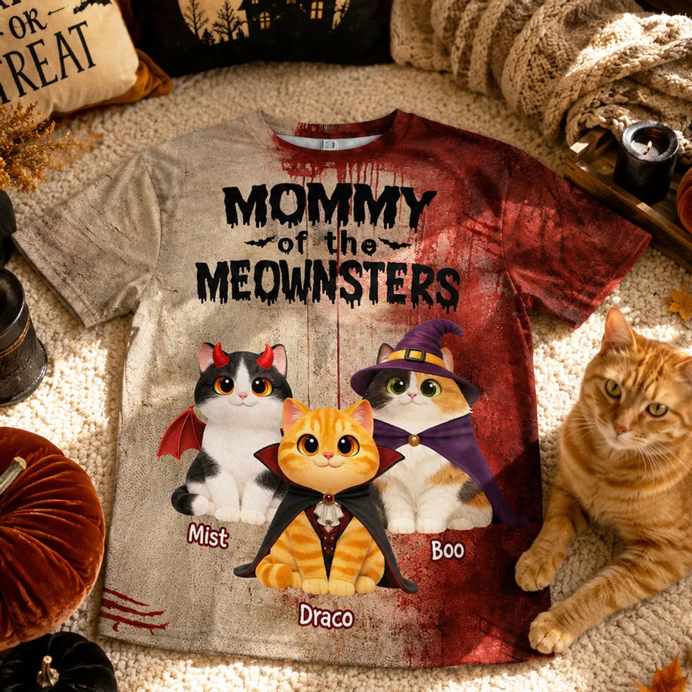 Personalized Printed Classic Tee, Mommy of the Meownsters Cats in Costumes, Unique Gift for Cat Mom