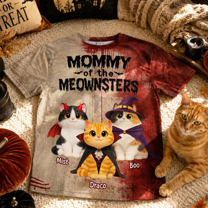 Personalized Printed Classic Tee, Mommy of the Meownsters Cats in Costumes, Unique Gift for Cat Mom