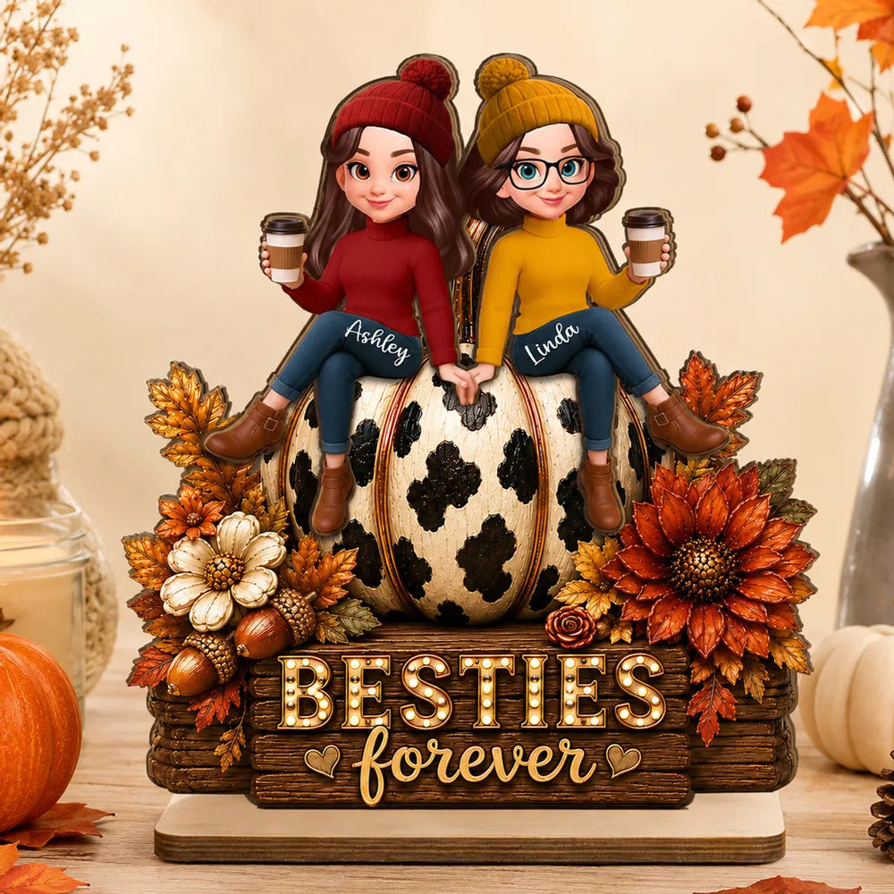 Personalized 2-Layer Wooden Plaque with Friends on Pumpkin, Autumn Coffee Decor, Unique Gift for Close Friend