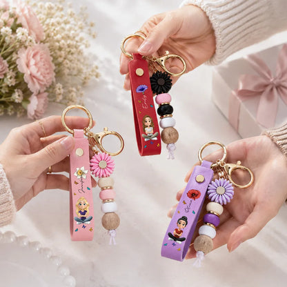 Personalized PU Leather Daisy Keychain with Beads, Unique Gift for Her, Pastel Floral Everyday Charm