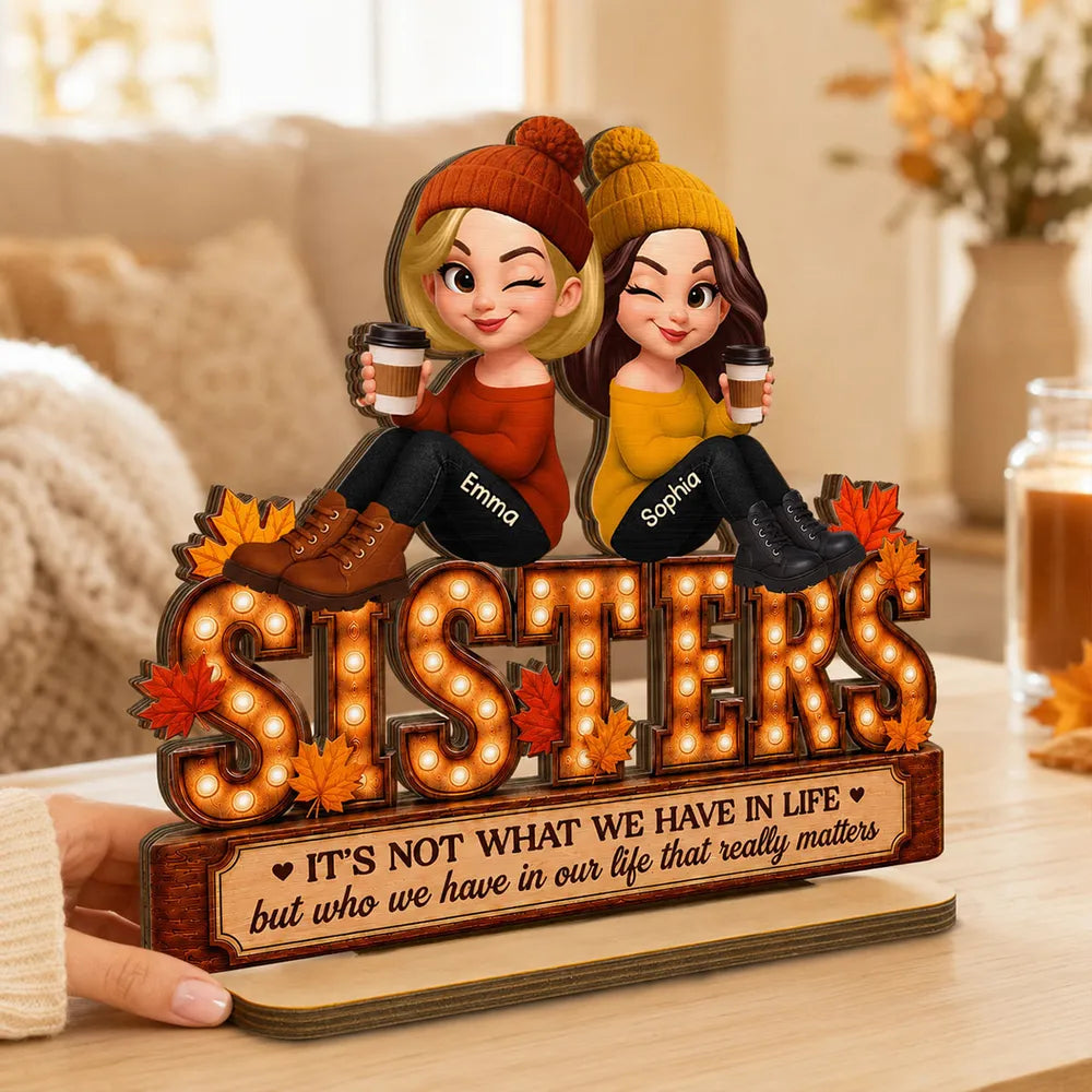 Personalized 2-Layer Wooden Plaque, Fall Besties Cartoon Coffee Scene, Unique Gift for Sister or Friend