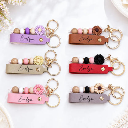 Personalized PU Leather Daisy Keychain, Pastel Beaded Style for Girls, Creative Gift for Friend