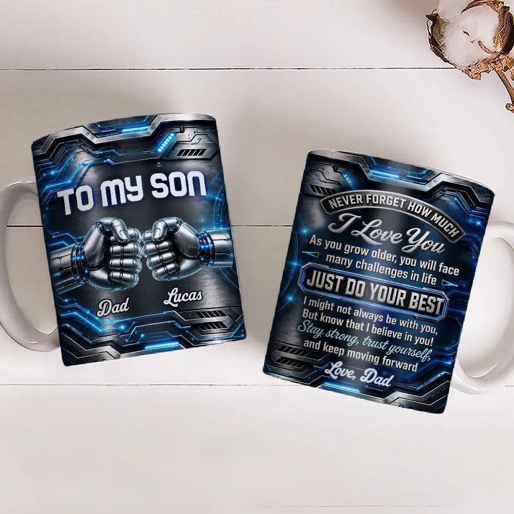 Personalized Mug with Futuristic Robot Fist Bump, Stay Strong Quote, Unique Gift for Son